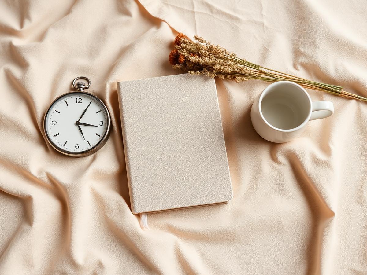 A brass clock, planner and warm mug on soft linen