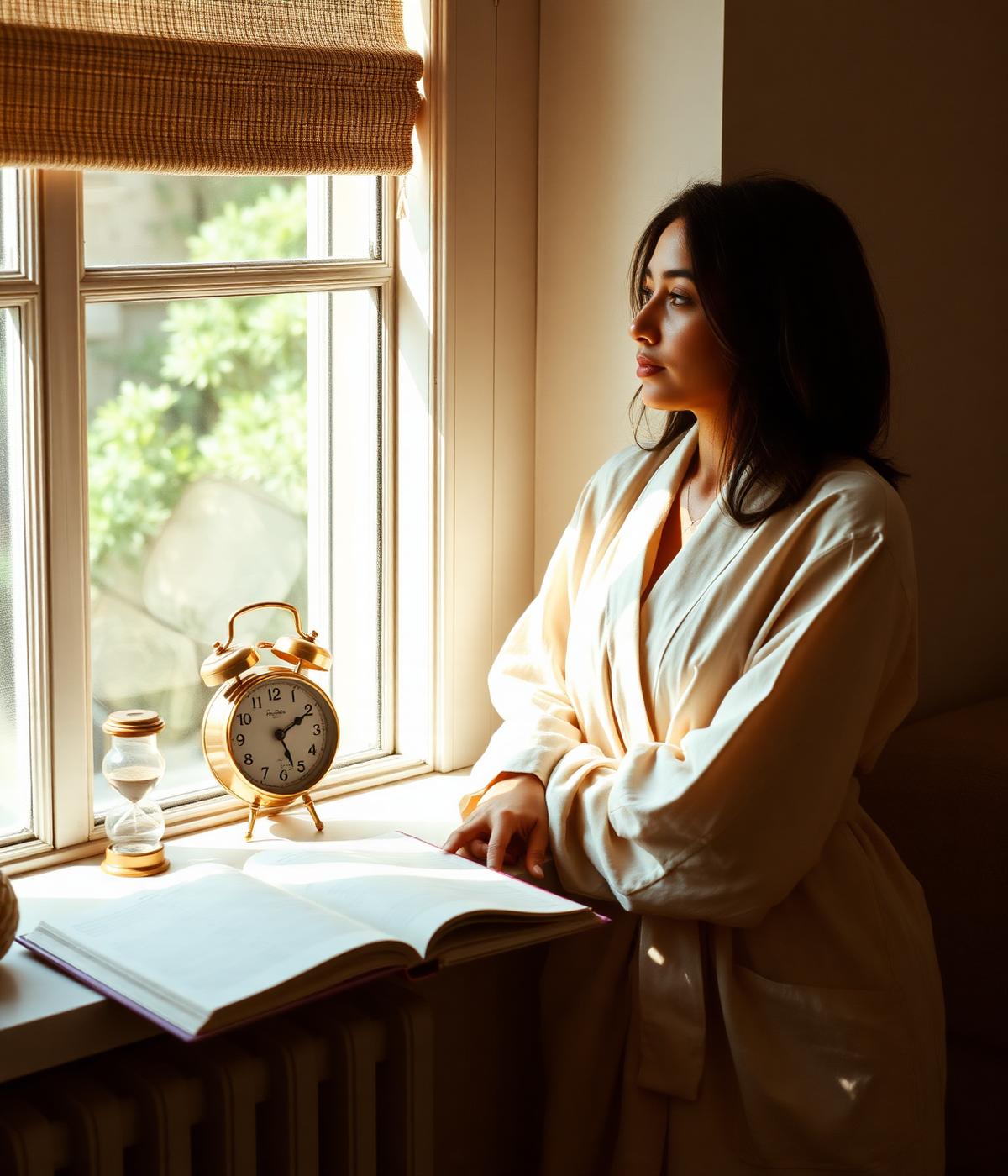 A woman sitting quietly by a sunlit window with chai and a journal